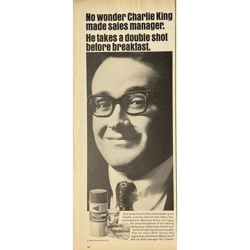 SCORE Spray Deodorant "Charlie King Makes Sales Manager" Vintage Print Ad 1967